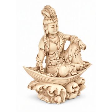Kuan-Yin figur siddende på blad - 10 cm